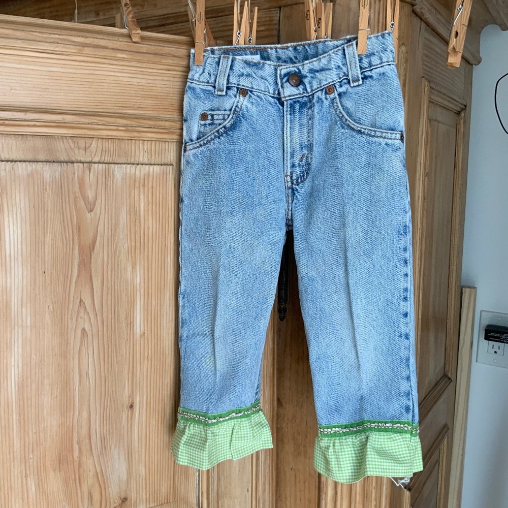 Levi's Light Blue Kids Jeans with Green Gingham Ruffle Cuffs